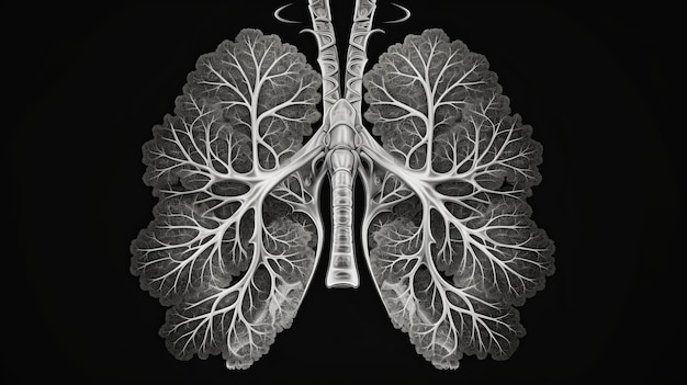 Ilustração abstrata de um pulmão doente de raio em fundo preto Generative ai