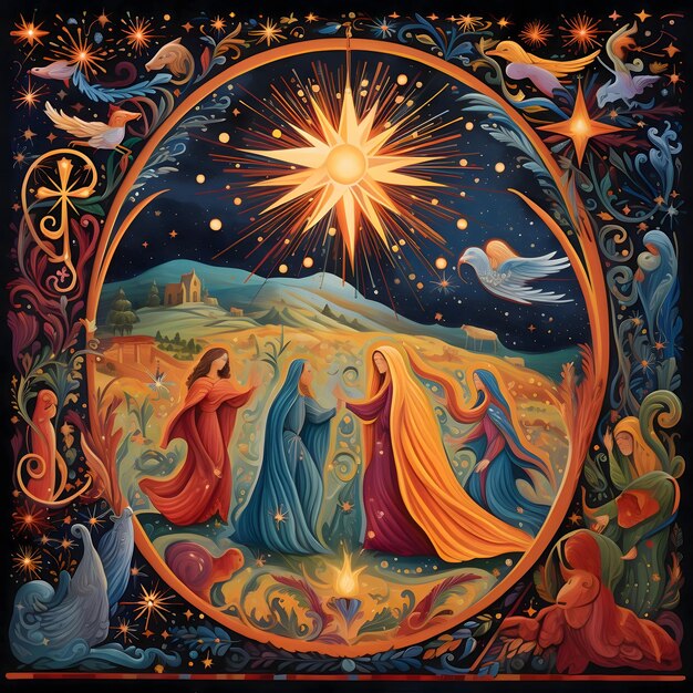 Ilustração abstrata de uma grande estrela no céu Decorações ricas e mulheres Cartão de Natal como um símbolo de lembrança do nascimento do Salvador