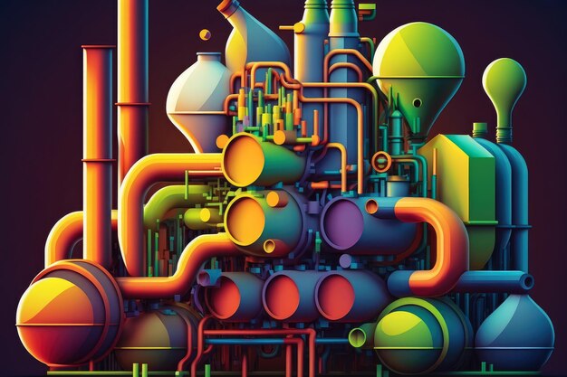 Ilustração abstrata de uma planta de refinaria química com tubos e válvulas coloridas