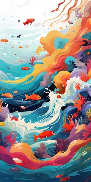 ilustração abstrata do mar e dos peixes