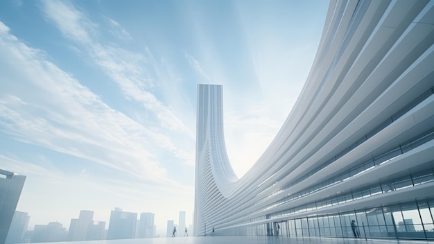 Ilustração abstrata edifício futurista azul arranha-céu sob o céu