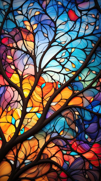 Ilustração abstrata em estilo de vitral com árvore colorida abstrata criada com tecnologia de IA generativa