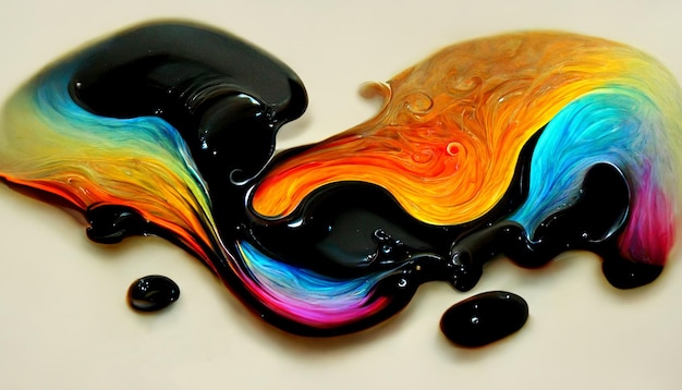 Ilustração abstrata feita de tinta a óleo multicolorida em fundo preto, ideia de pintura a óleo 3D vibrante