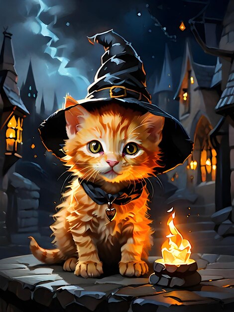 Ilustração acrílica de um gatinho roxo com um chapéu de bruxa sentado no meio de Hogsmeade