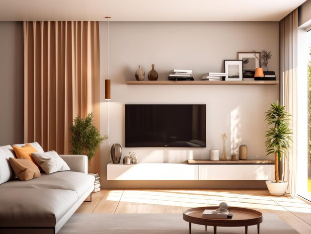 Ilustração ai generativa do interior moderno com sofá confortável e televisão na parede