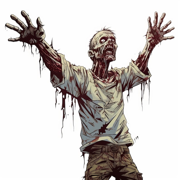 Ilustração altamente detalhada de um zumbi ambulante com os braços erguidos