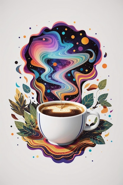 Ilustração altamente detalhada de uma galáxia dentro de uma xícara de café um fundo branco