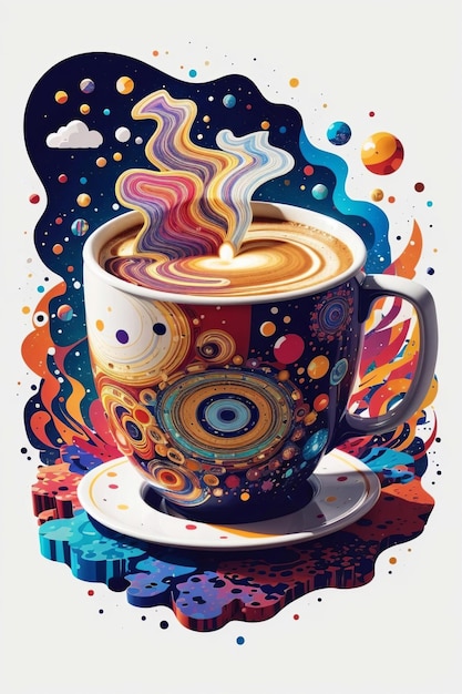 Ilustração altamente detalhada de uma galáxia dentro de uma xícara de café um fundo branco