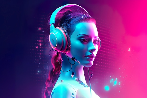 ilustração amzaing e elegante da menina moderna usando fones de ouvido em luzes de discoteca de festa vermelha e azul