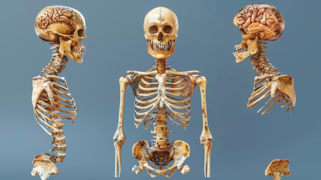 Ilustração anatômica detalhada do esqueleto de um ser humano O esqueleto é mostrado na vista principal e na vista lateral A pelve do crânio e a gaiola torácica são mostradas separadamente