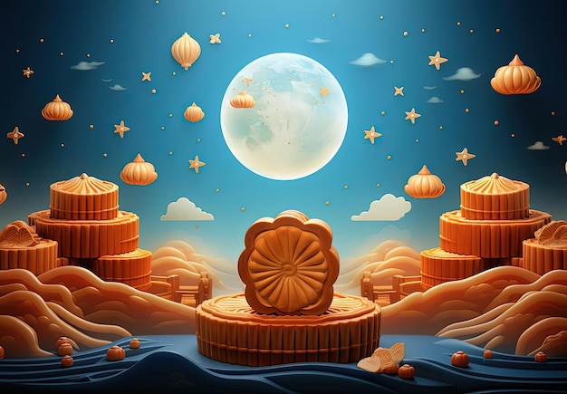 ilustração animada de mooncake com festival de feliz ano novo chinês no estilo laranja escuro