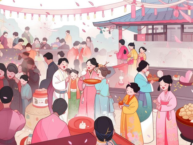 Ilustração Ano Novo Coreano em rosa