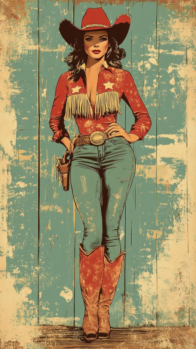 Foto ilustração antiga de uma cowgirl de pé em frente a uma parede de madeira desgastada