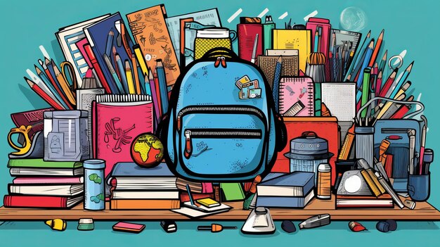 Ilustração apresentando o essencial para um ano letivo de sucesso com uma mochila livros cadernos lápis de volta ao conceito escolar