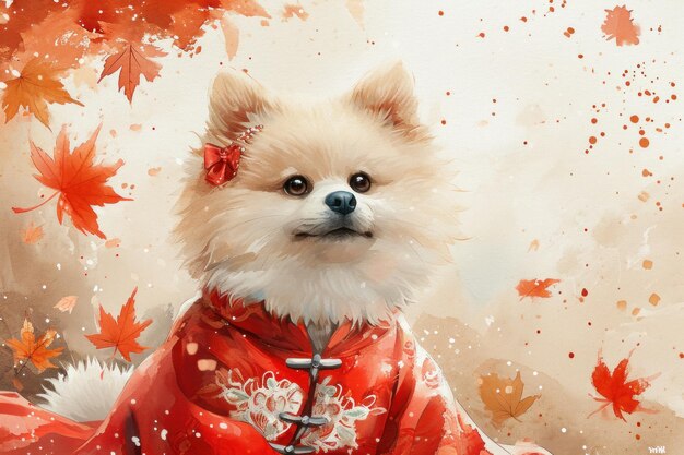 ilustração aquarela com um cão bonito de Pomerânia branca adornado com trajes tradicionais chineses