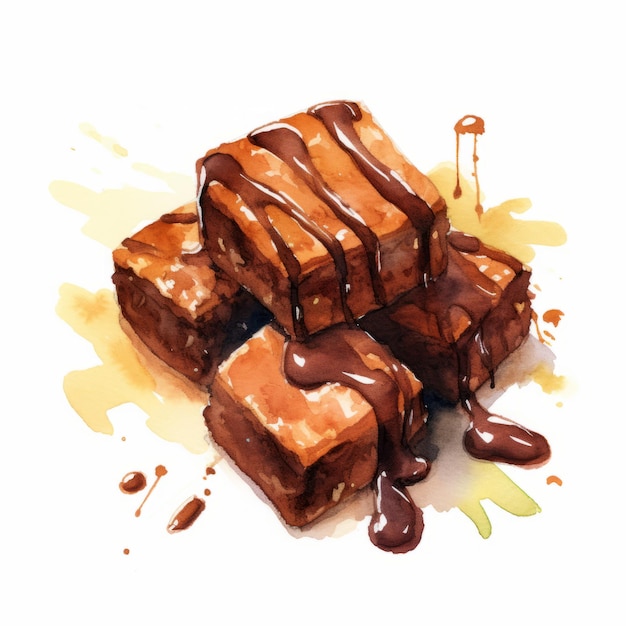 Ilustração aquarela de brownies com molho de chocolate