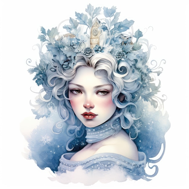 Ilustração Aquarela Detalhada Princesa da Neve