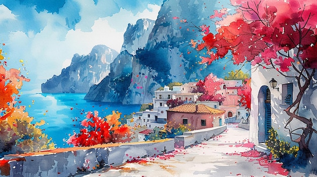 Ilustração aquarelada da Ilha de Capri