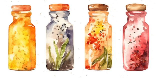 Foto ilustração aquarelada de garrafas de cosméticos com remédio natural aromático e ervas