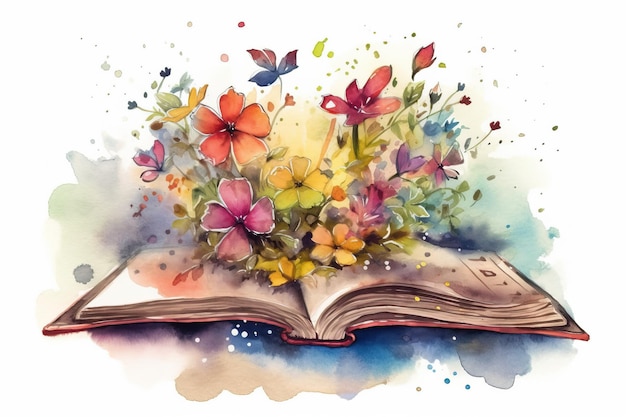 Ilustração aquarelada de um livro mágico aberto com flores coloridas