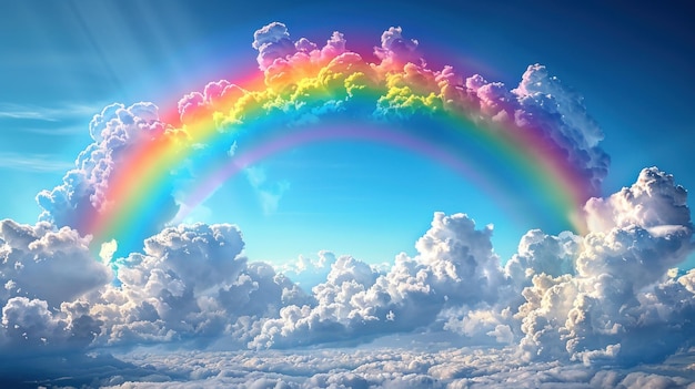 ilustração arco-íris colorido com um céu azul e nuvens ao fundo