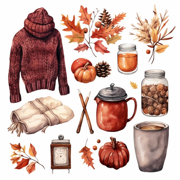 Foto ilustração arrafada de um conjunto de itens de outono, incluindo um suéter generativo ai
