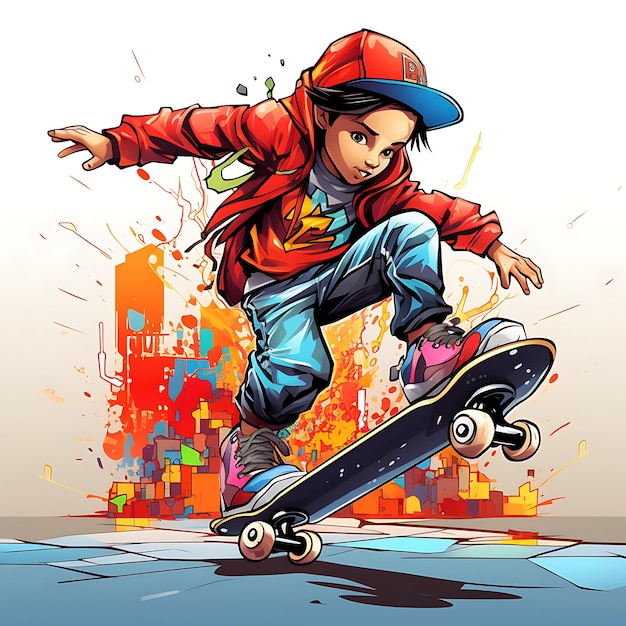 Ilustração Arte Graffiti Estilo Cultura de Rua Urbana Graffiti Engraçado Patinador Ca anime criativo e fofo