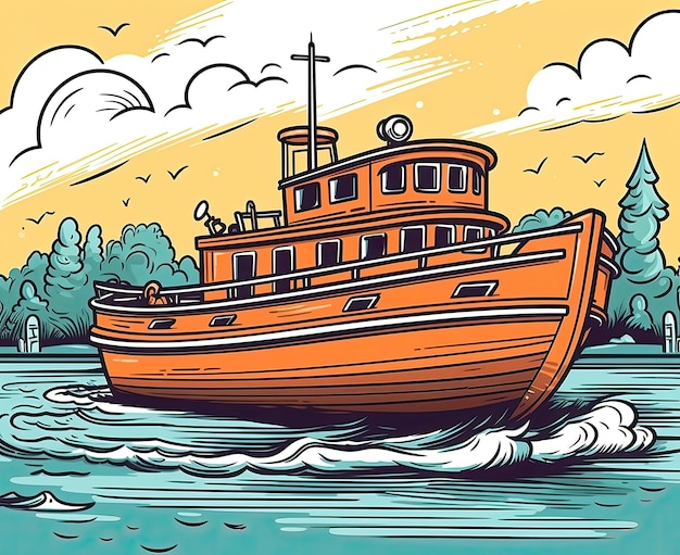 Ilustração artística de um barco na água um navio navegando no mar