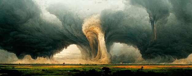 Ilustração artística de um enorme tornado terrível no panorama da planície