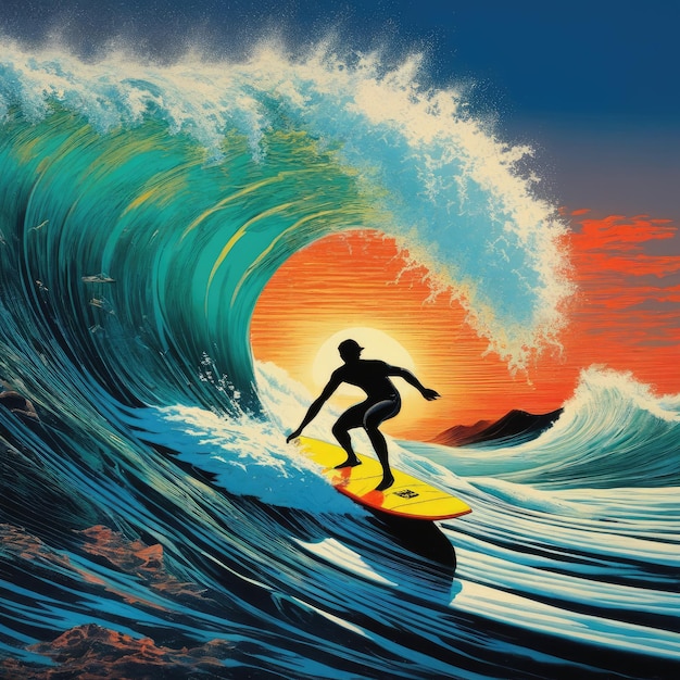 Ilustração artística de um surfista em uma onda com um sol pôr