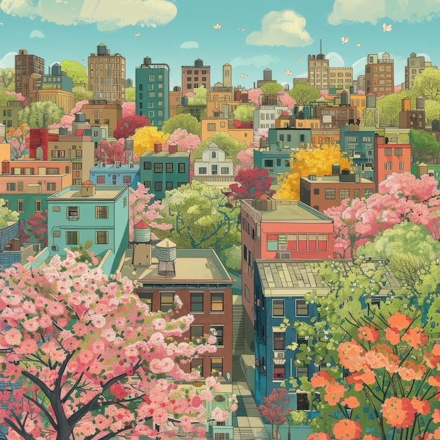 Foto ilustração artística de uma paisagem urbana cheia de edifícios cercada por uma primavera exuberante