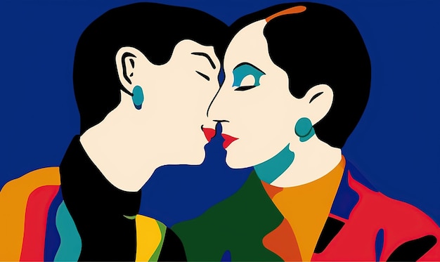 Ilustração beijo de casal de lésbicas