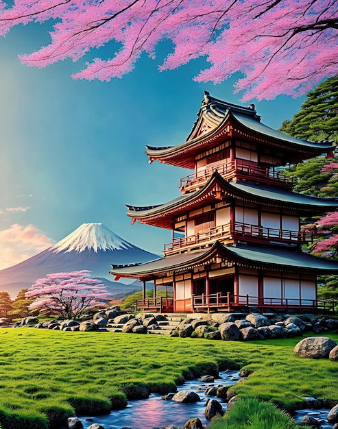 Ilustração bela paisagem típica japonesa com o Monte Fuji ao fundo criada com ai