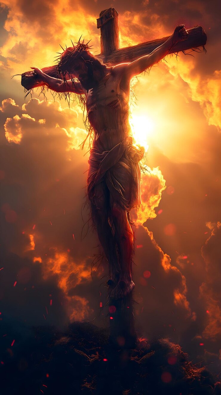 Foto ilustração bíblica jesus na cruz usando a coroa de espinhos