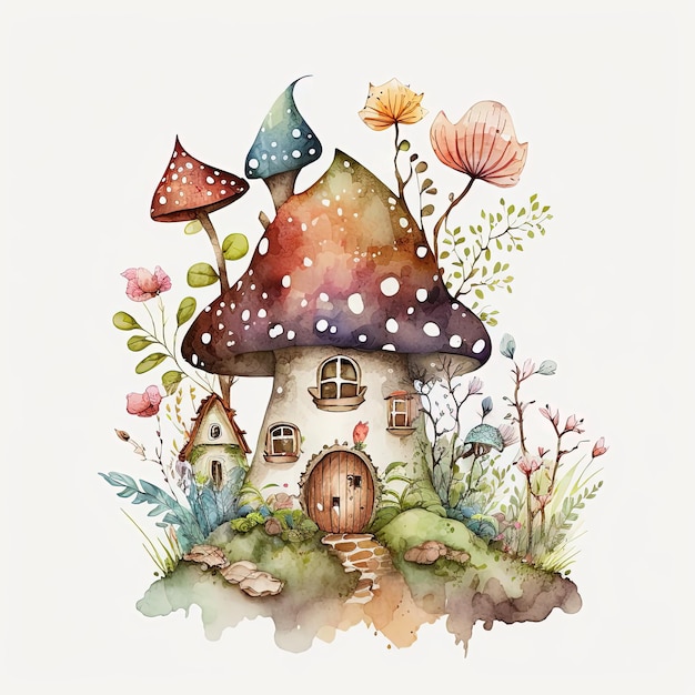 Ilustração bonita da casa do cogumelo whimiscal da aguarela no fundo branco Ai gerado