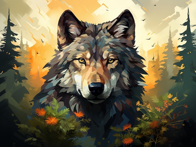 Ilustração bonita de um lobo com fundo florestal