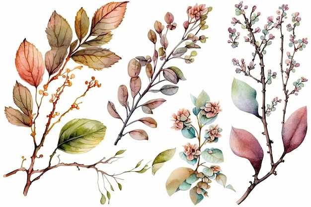 Ilustração botânica com tema de primavera em fundo branco