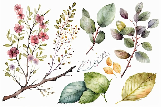 Ilustração botânica com tema de primavera em fundo branco