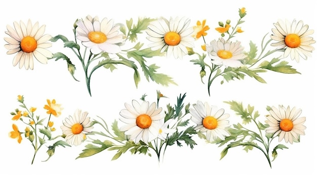 Ilustração botânica de lindas flores em aquarela e folhas em buquê