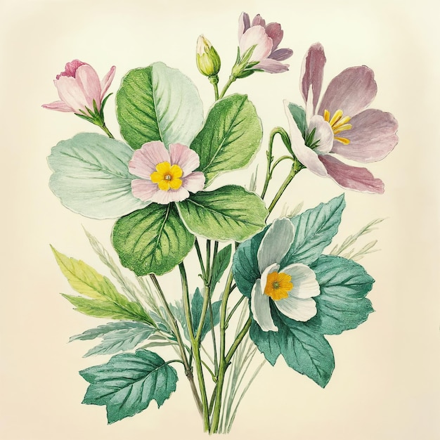Ilustração botânica de primrose em aquarela