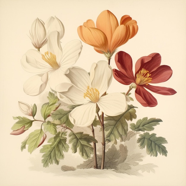 Foto ilustração botânica de um buquê de flores isolado em um fundo branco