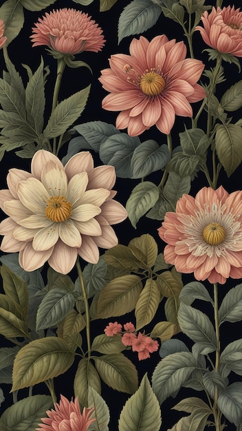 Ilustração botânica detalhada de flores e folhas em um estilo botânico clássico