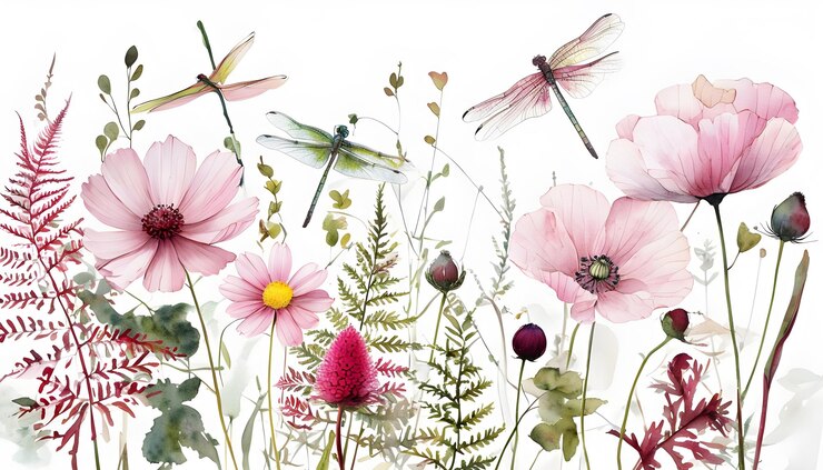 Ilustração botânica em aquarela retratando flores cor-de-rosa Delica