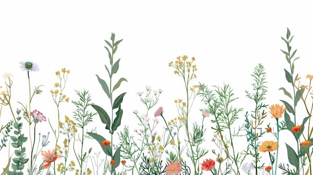 Ilustração botânica estilo de gravura com borda floral sem costura Ervas e flores silvestres Ilustrações coloridas estão cercadas por uma borda em relevo