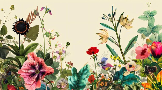 Foto ilustração botânica vibrante e detalhada com uma variedade de flores, folhas e plantas