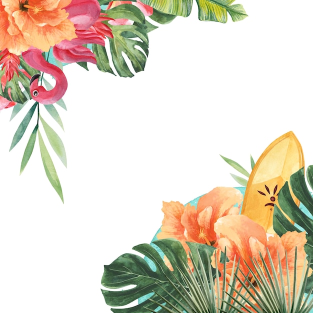 Foto ilustração brilhante sobre o tema de plantas tropicais e quadros orner de férias na praia aquarela