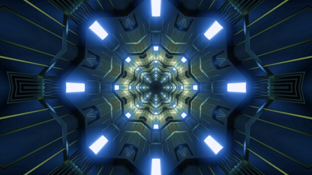 Ilustração caleidoscópica 3D de lâmpadas azuis vivas iluminando o túnel escuro abstrato com ornamentos amarelos