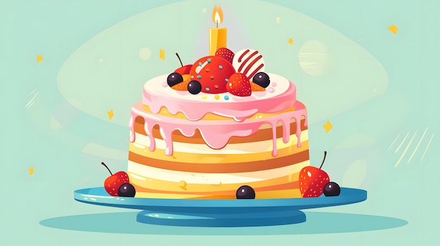 Ilustração caprichosa de um bolo com camadas coloridas e cobertura