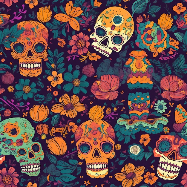 Ilustração caprichosa do Dia de los Muertos com caveiras festivas, cravos coloridos e patinhas vibrantes