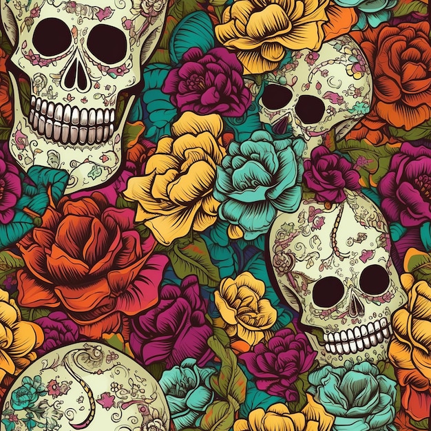 Ilustração caprichosa do Dia de los Muertos com caveiras festivas, cravos coloridos e patinhas vibrantes